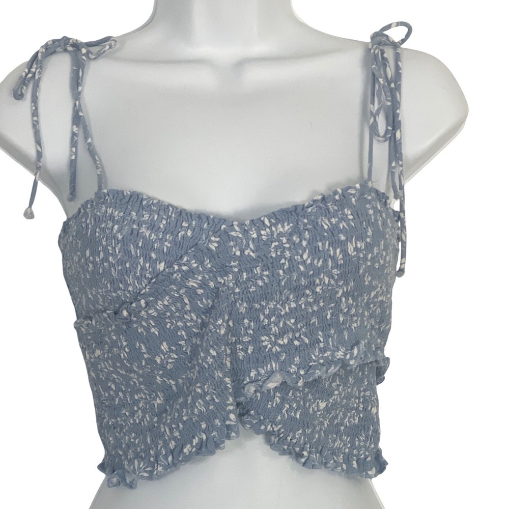 Endless Blu‎ Womens Crop Top Smocked Floral Tie Strap L Blue Cottagecore KT5214